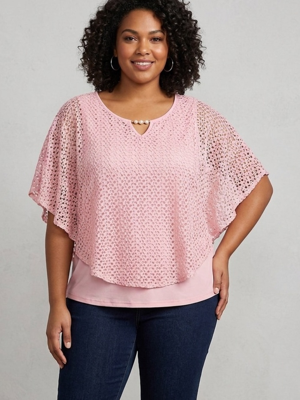 Women's Pink Crochet Overlay Blouse with Keyhole Accent